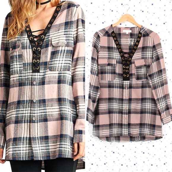 Mauve Navy Lace Up Front Plaid Top - Picture 1 of 9